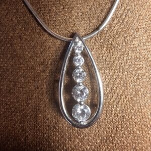 💎 Sterling Silver Teardrop Journey Necklace w CZ Diamonds on Round Snake Chain
